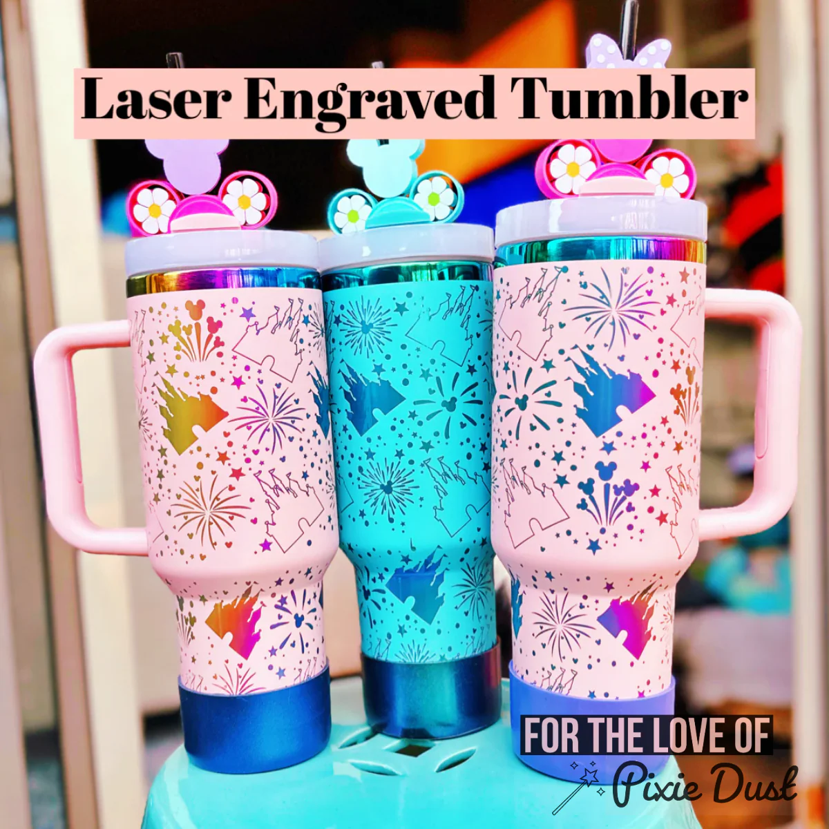 READY TO SHIP: Castle and Fireworks All Around Laser Engraved Tumblers on 40 oz Quencher Inspired Stainless Steel Tumbler