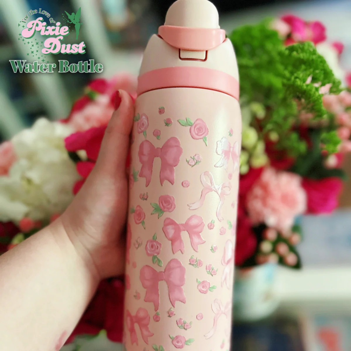Pretty in Pink Bows and Flowers Inspired 32 oz Sip Stainless Steel Water Bottle